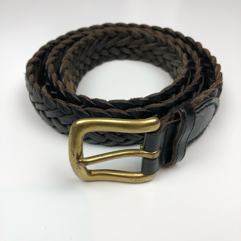 Brass Buckle Leather Woven Belt Black